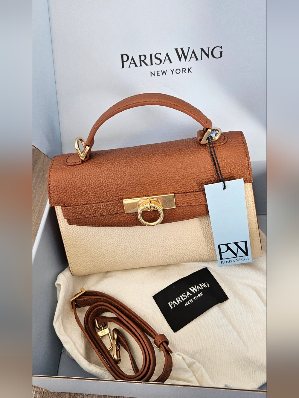 Parisa Wang Grace Top Handle Bag Two-Tone Brown & Cream